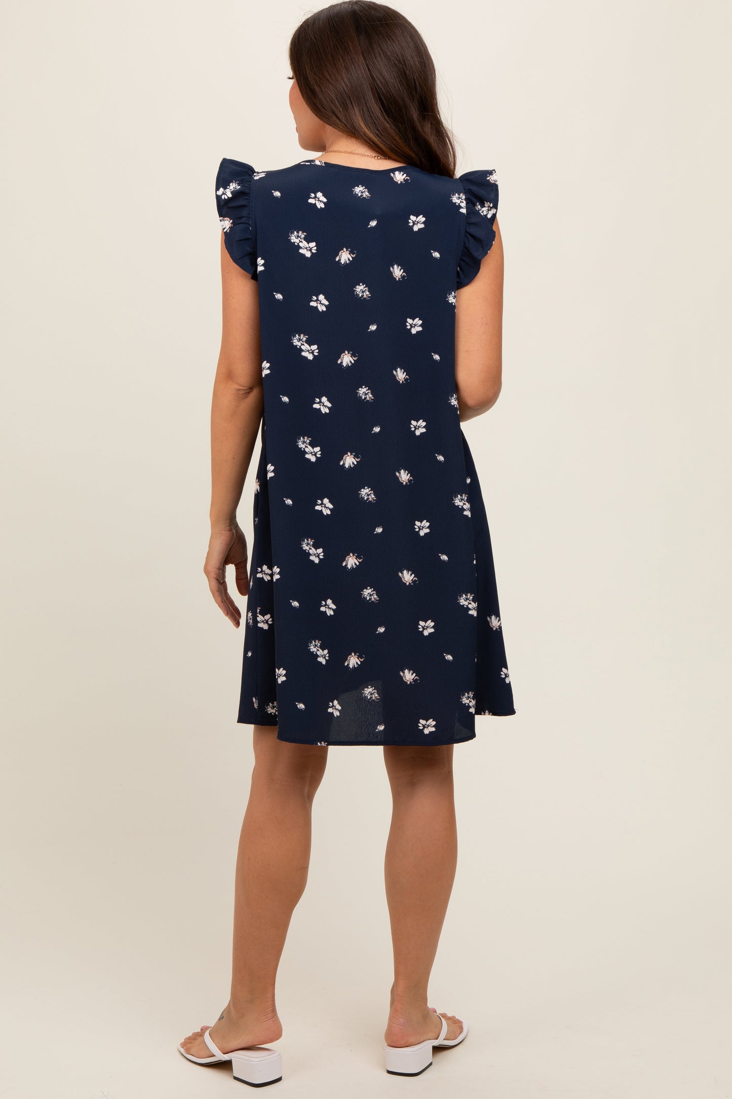 Navy Blue Floral Ruffle Cap Sleeve Maternity Dress