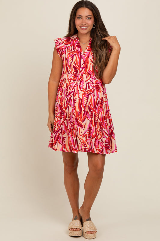 Red Printed Ruffle Sleeve Maternity Dress