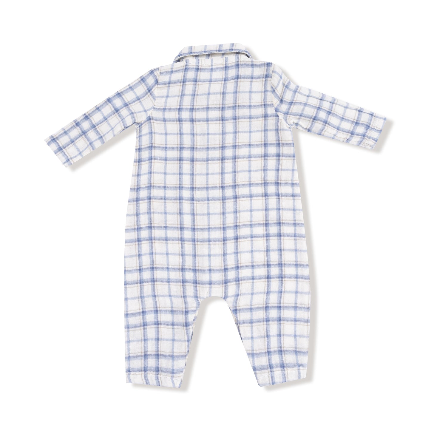 Blue Plaid - Long Sleeve Polo Romper with Full Placket