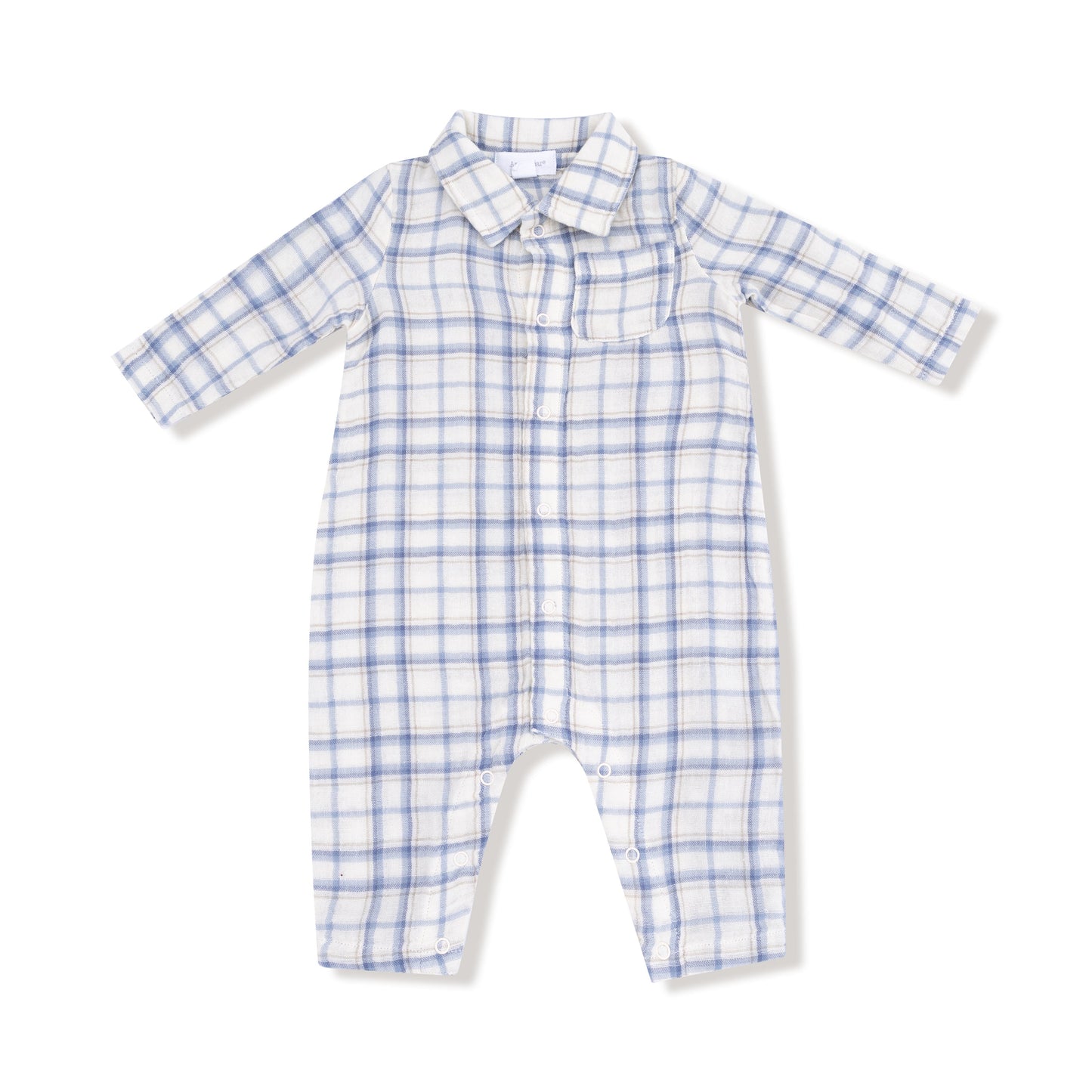 Blue Plaid - Long Sleeve Polo Romper with Full Placket