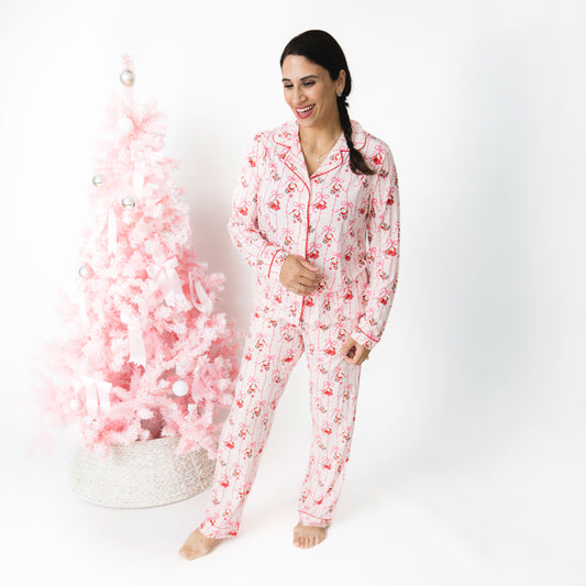 Bows & Santa - Bamboo Adult Long Sleeve Coat Style and Pant with Pockets