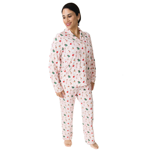 Christmas Dogs Pink - Bamboo - Adult Long Sleeve Coat Style and Pant with Pockets
