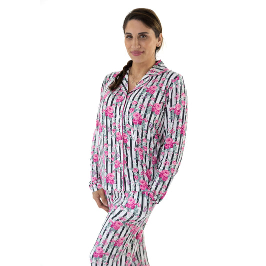 Cabbage Rose Stripe - Adult Long Sleeve Coat Style and Pant with Pockets