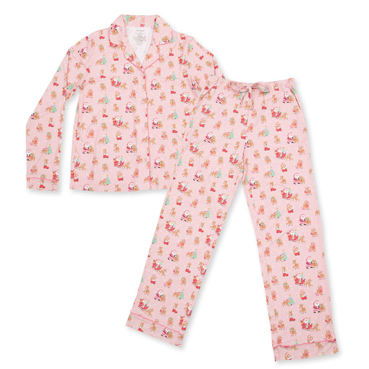 Vintage Reindeer & Santa Pink - Bamboo - Adult Long Sleeve Coat Style and Pant with Pockets