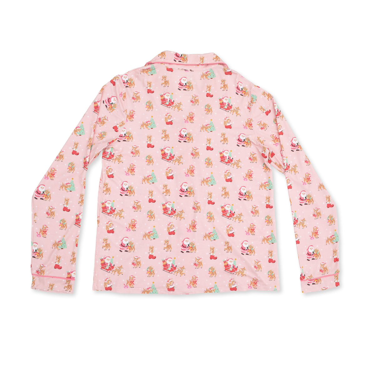 Vintage Reindeer & Santa Pink - Bamboo - Adult Long Sleeve Coat Style and Pant with Pockets