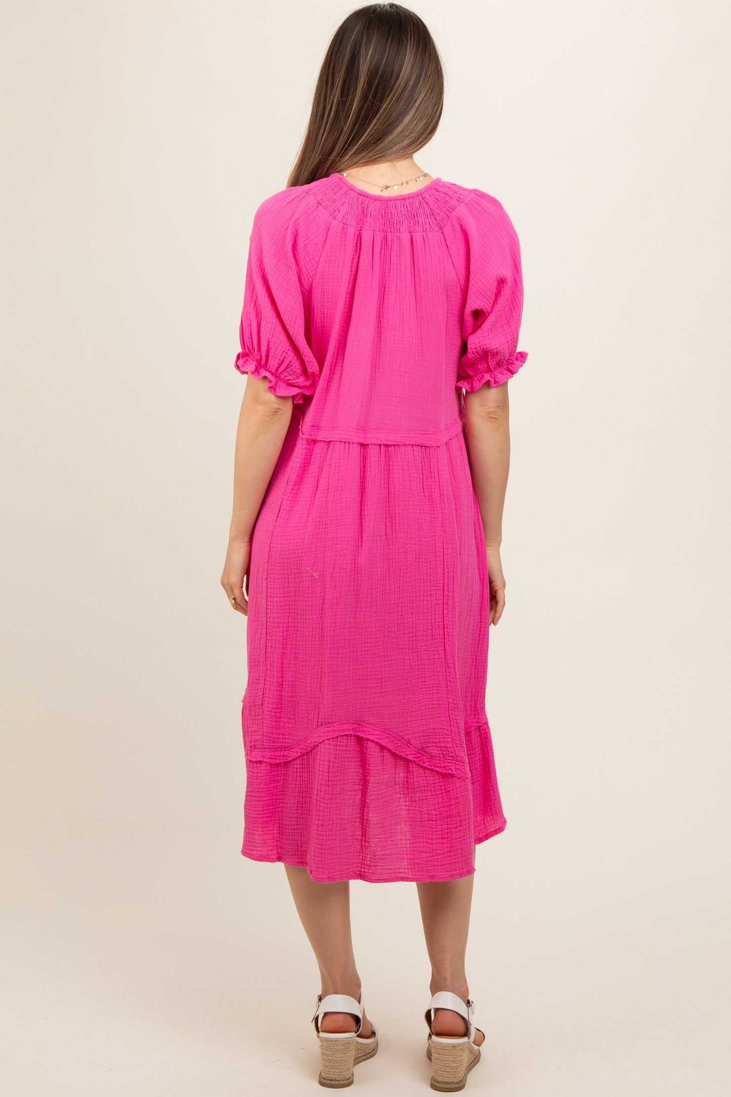 Pink Tassel Tie Maternity Midi Dress