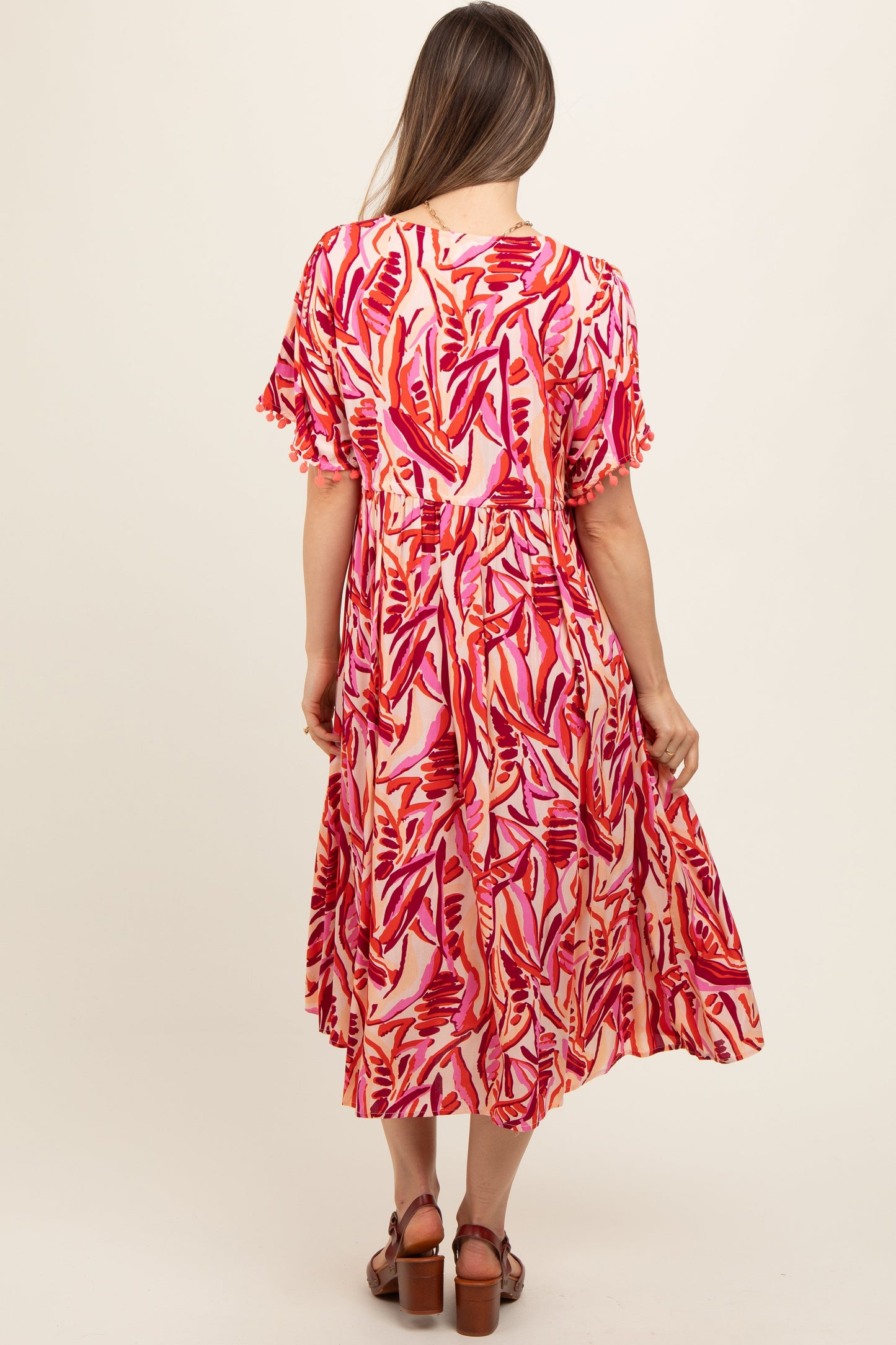 Orange Embroidered V-Neck Short Pom Sleeve Maternity Midi Dress