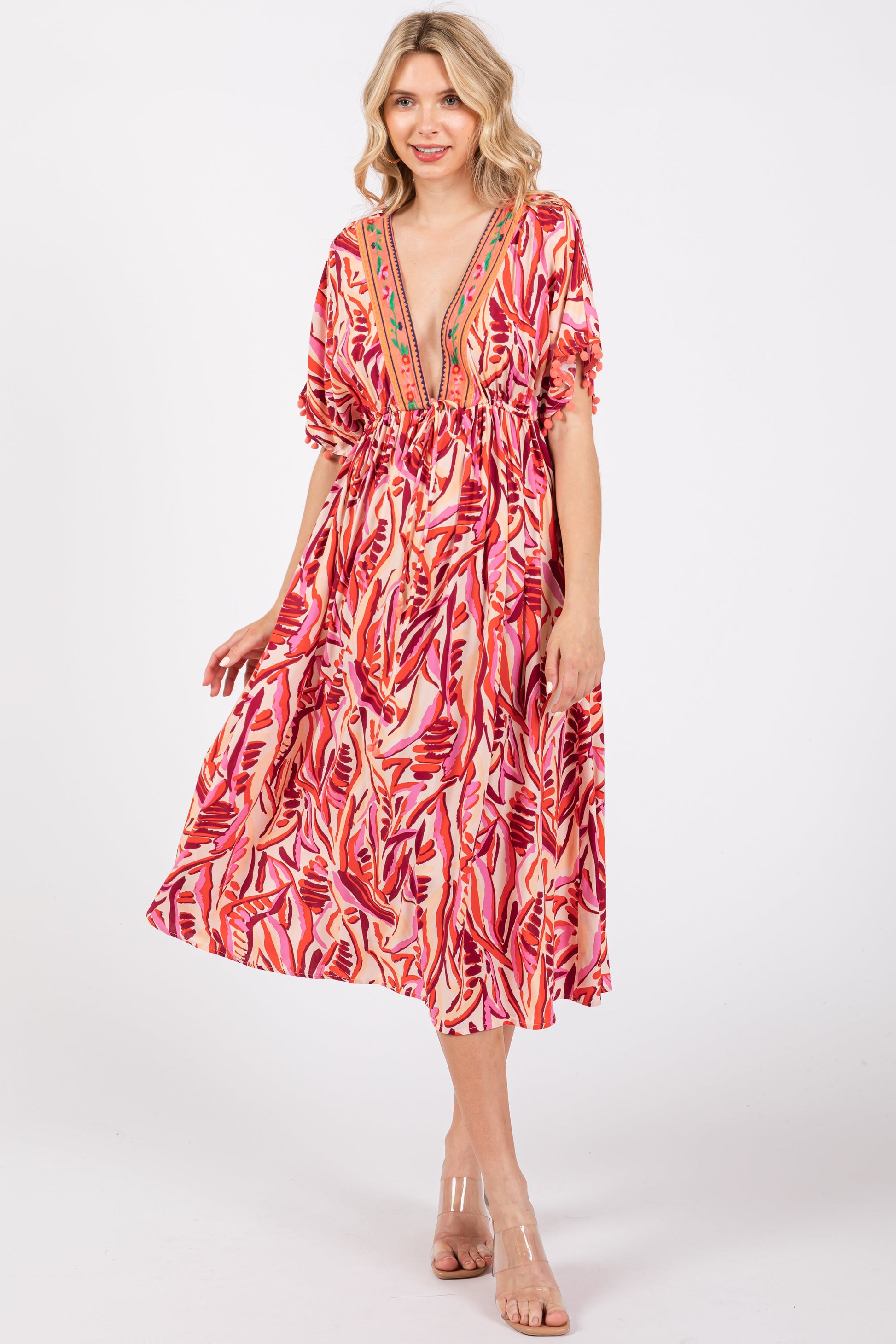 Orange Embroidered V-Neck Short Pom Sleeve Midi Dress The Prissy Pelican Orange Embroidered V-Neck Short Pom Sleeve Midi Dress The Prissy Pelican