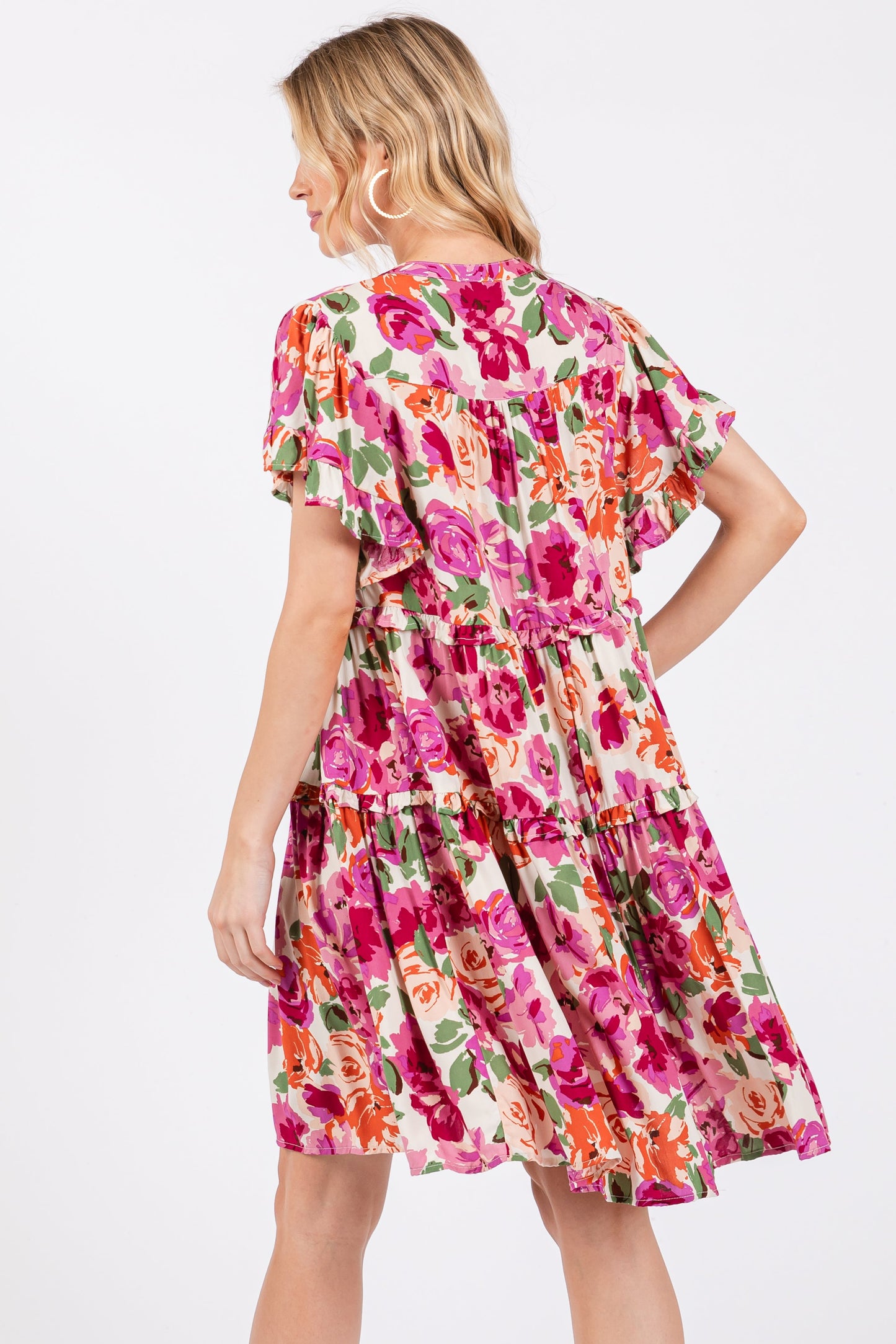 Cream Floral Ruffle Tiered V-Neck Dress