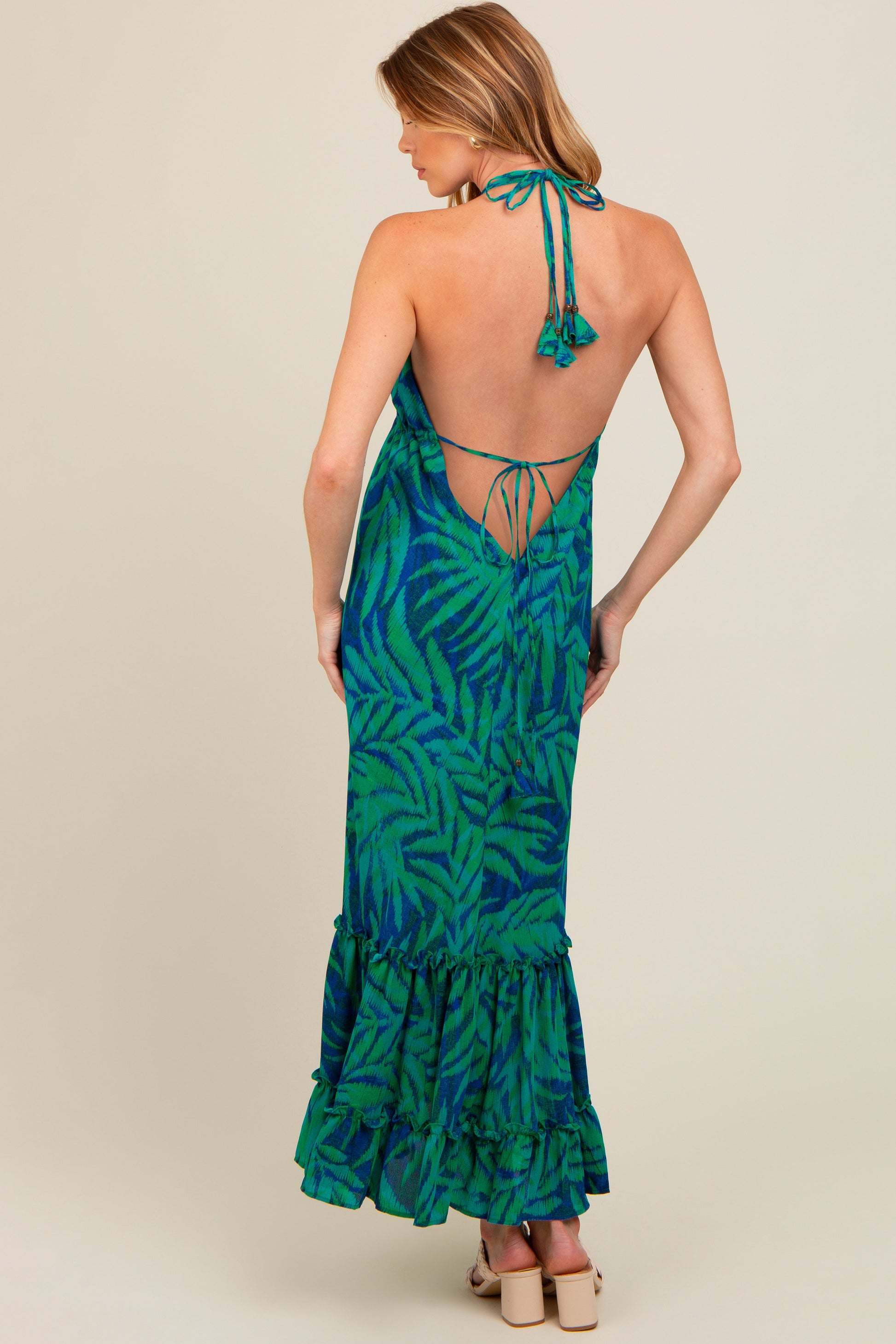 Green Leaf Print Halter Maternity Maxi Dress Green Leaf Print Halter Maternity Maxi Dress