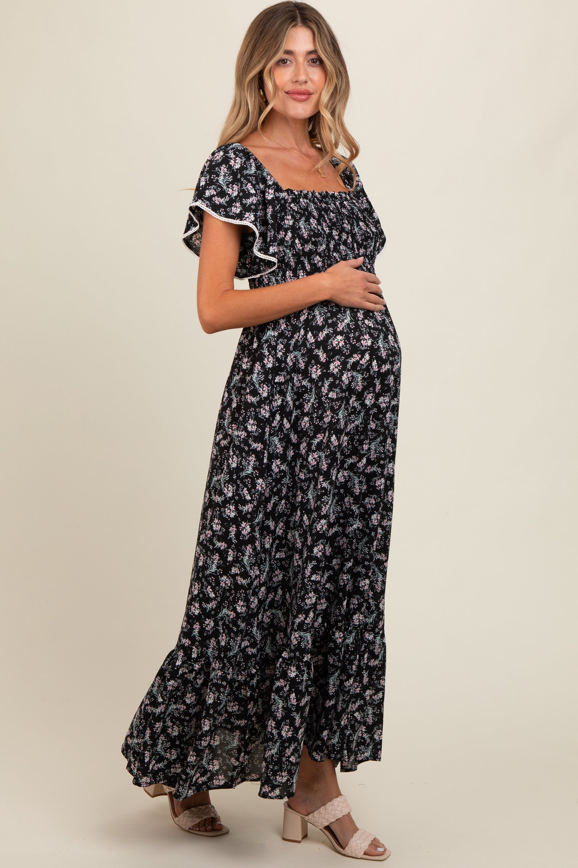 Black Floral Smocked Crochet Trim Maternity Dress The Prissy Pelican Black Floral Smocked Crochet Trim Maternity Dress The Prissy Pelican