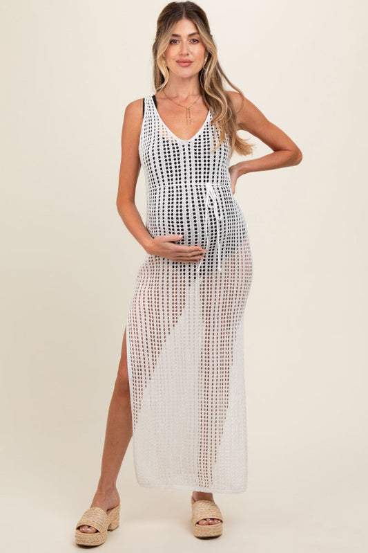 White Crochet V-Neck Side Slit Maternity Cover Up