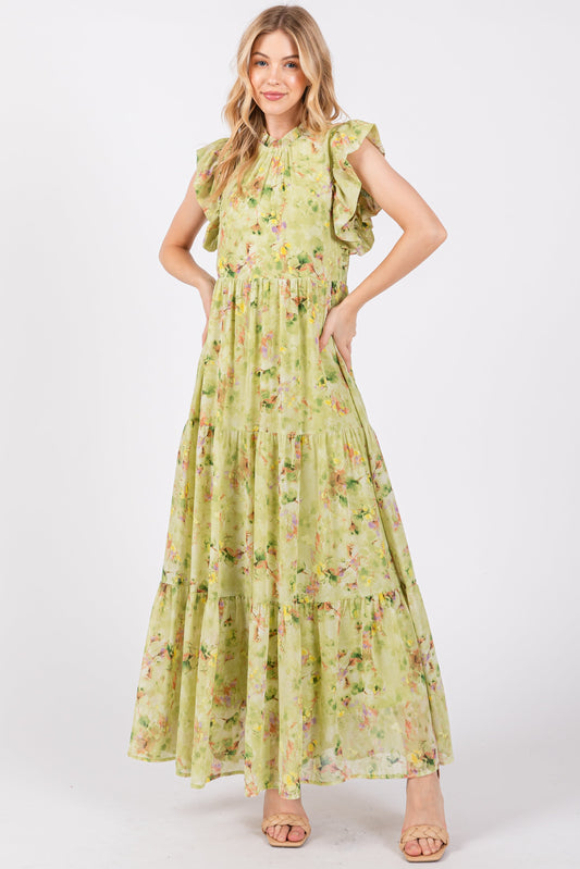 Lime Floral Chiffon Ruffle Shoulder Tiered Maxi Dress