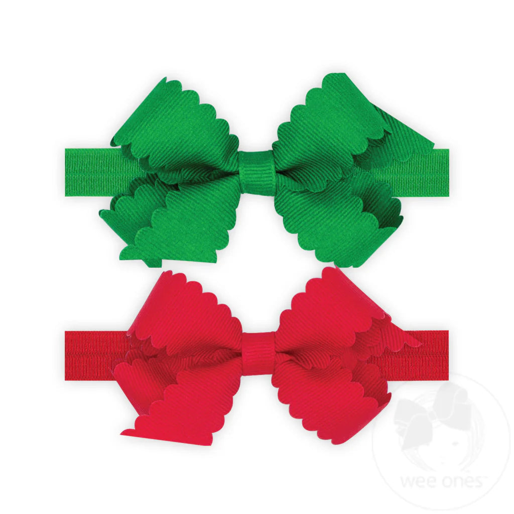 GIFT PACK! Two Mini Scallop Bows with Bands – Red & Green
