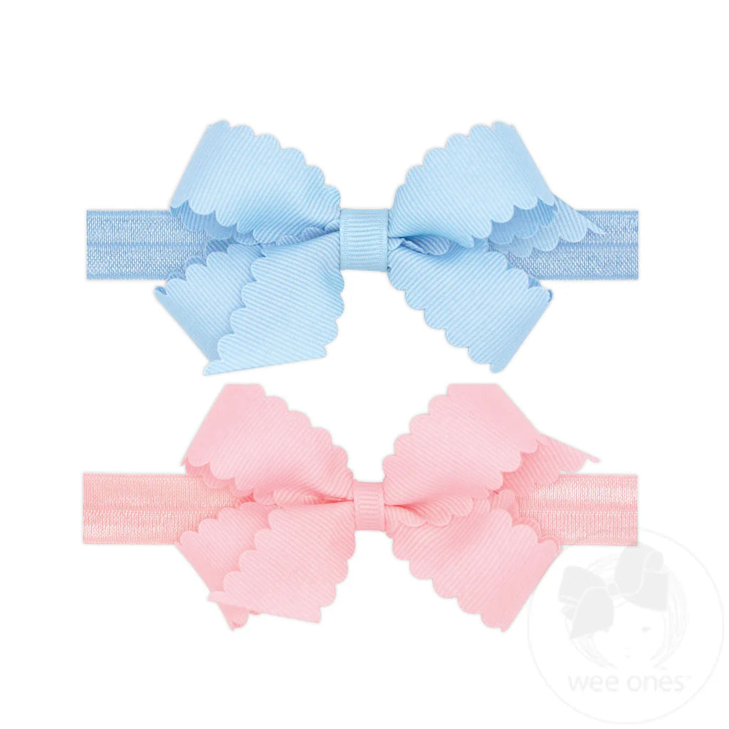 GIFT PACK! Two Mini Scallop Bows with Bands – Blue & Pink