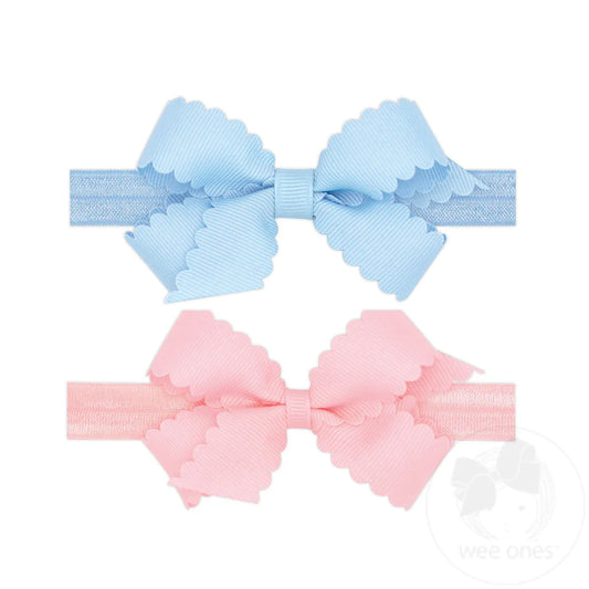 GIFT PACK! Two Mini Scallop Bows with Bands – Blue & Pink