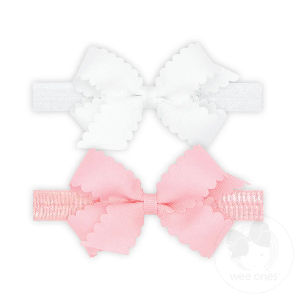 GIFT PACK! Two Mini Scallop Bows with Bands – White & Light Pink