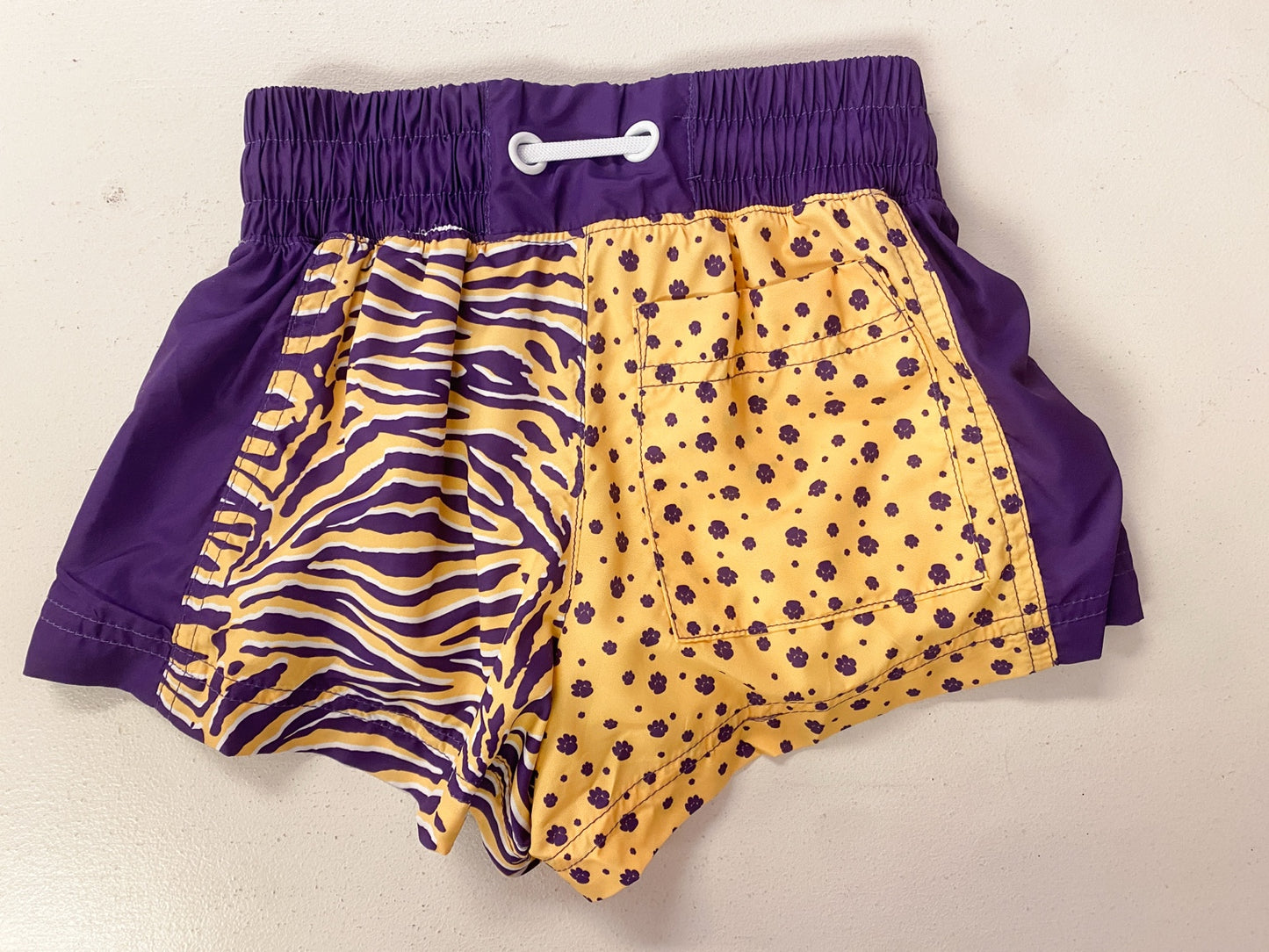 Azarhia Tigers Paws & Stripes Color Block Girls Shorts | Purple & Gold Game Day Athletic Shorts