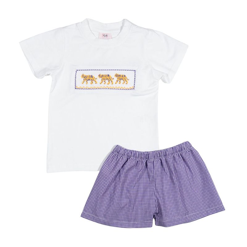 Boys Purple Tiger Smocked Short Set – LSU-Inspired Boys Game Day Outfit | The Prissy Pelican Boutique Bossier City, LA