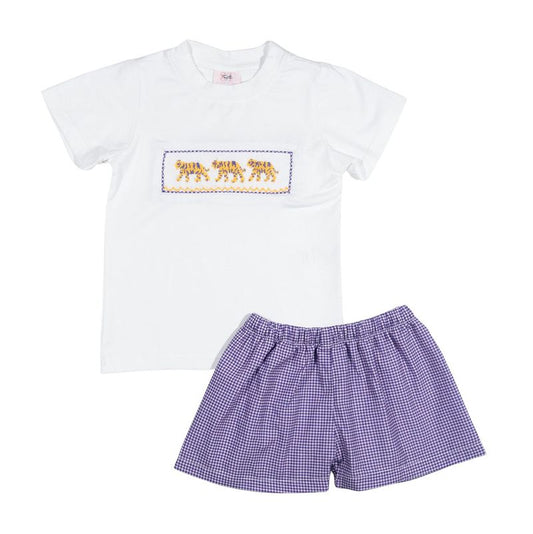 Boys Purple Tiger Smocked Short Set – LSU-Inspired Boys Game Day Outfit | The Prissy Pelican Boutique Bossier City, LA