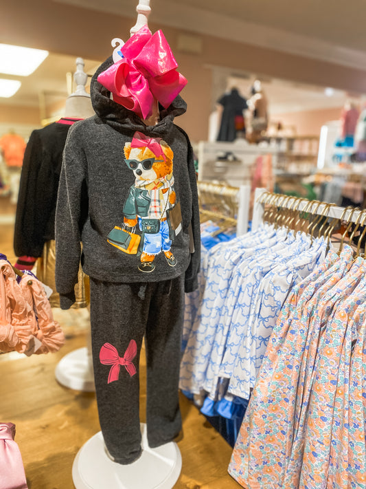 Girls Charcoal Teddy Bear Hoodie & Bow Jogger Set