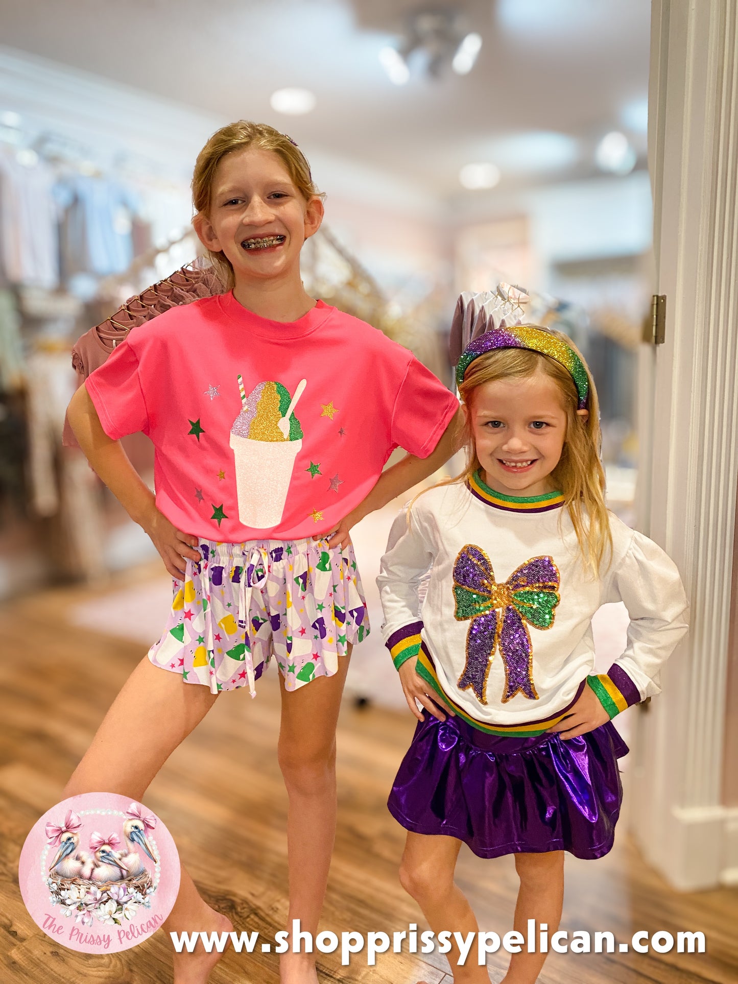 Snoball Glitter on Neon Pink Boxy T Mardi Gras