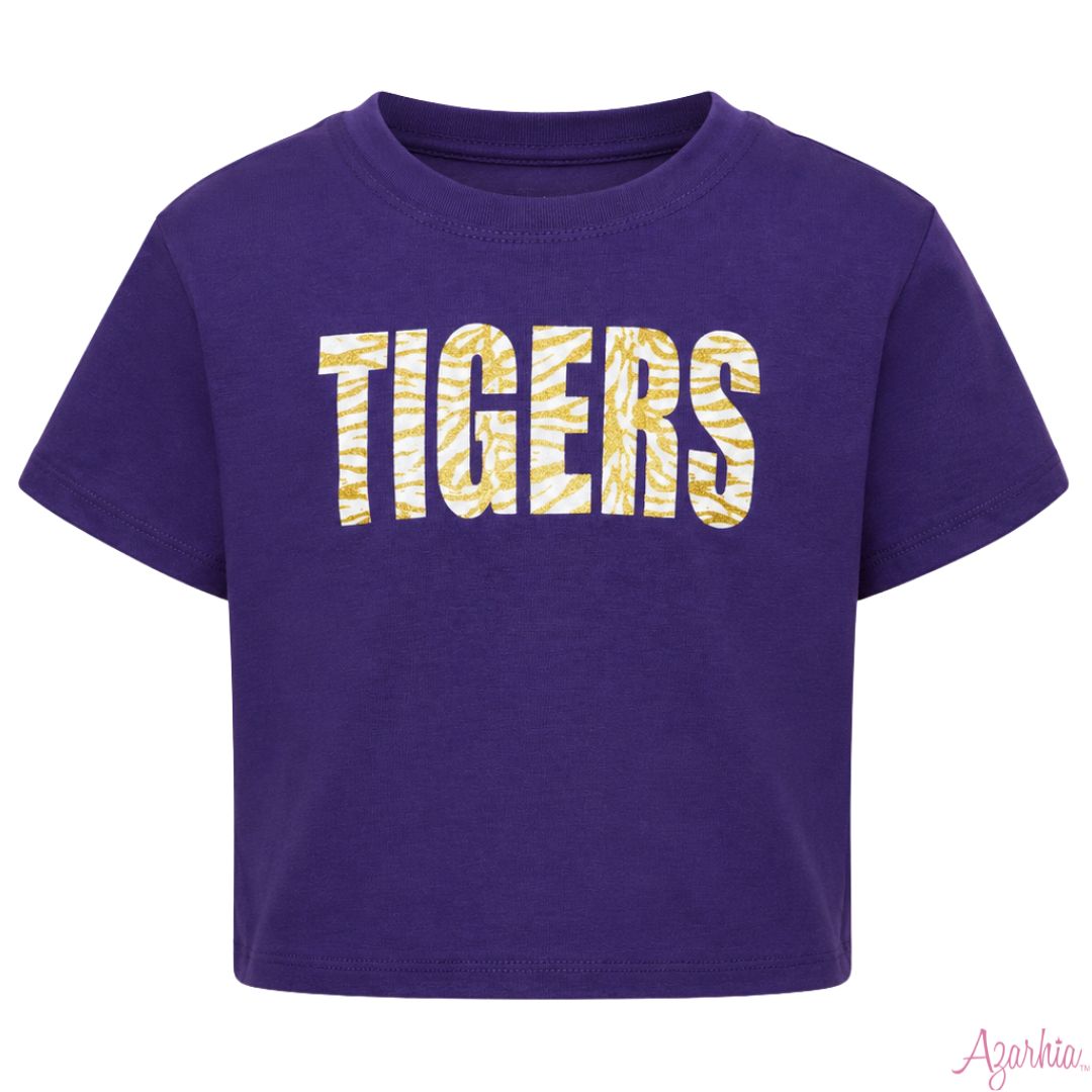 Azarhia Glitter Tigers Boxy Tee | Purple Girls Game Day Shirt