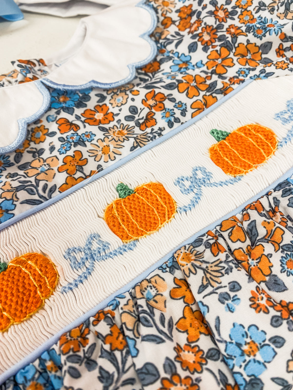Girls Floral Hand-Smocked Pumpkin Dress | Fall & Thanksgiving