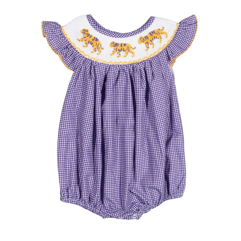Girls Purple Tiger Smocked Bubble – LSU-Inspired Baby Girl Game Day Bubble | The Prissy Pelican Boutique Bossier City, LA