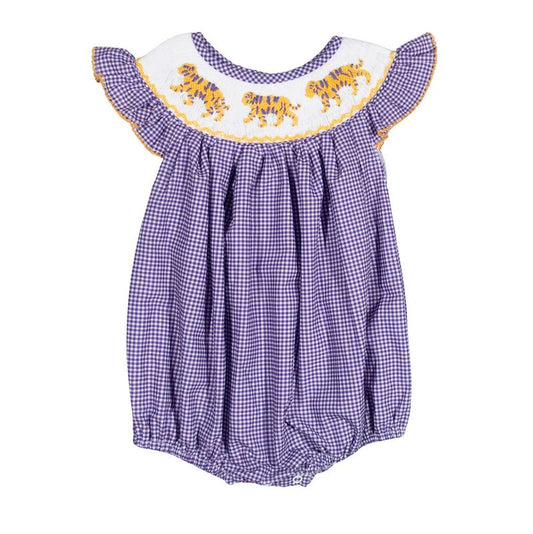 Girls Purple Tiger Smocked Bubble – LSU-Inspired Baby Girl Game Day Bubble | The Prissy Pelican Boutique Bossier City, LA