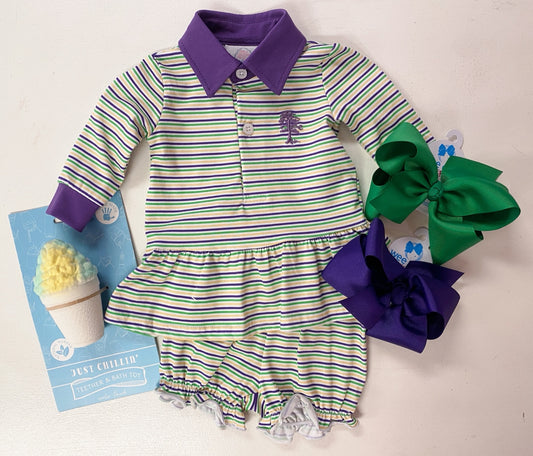 Throw Me Something Mister! Mardi Gras Striped Bubble Short Set