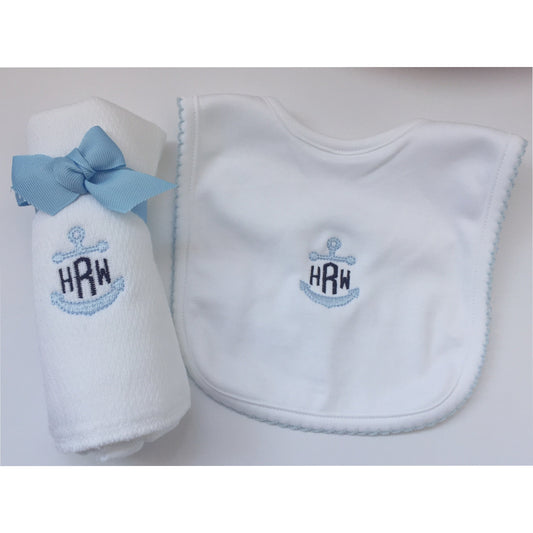 Bib and Burp Set with Anchor Monogram