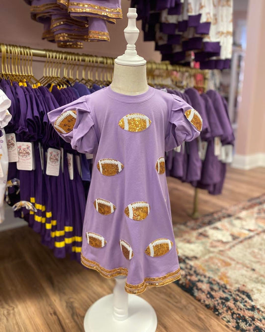 Purple Sequin Football Dress – Girls Bubble Sleeve Game Day A-Line