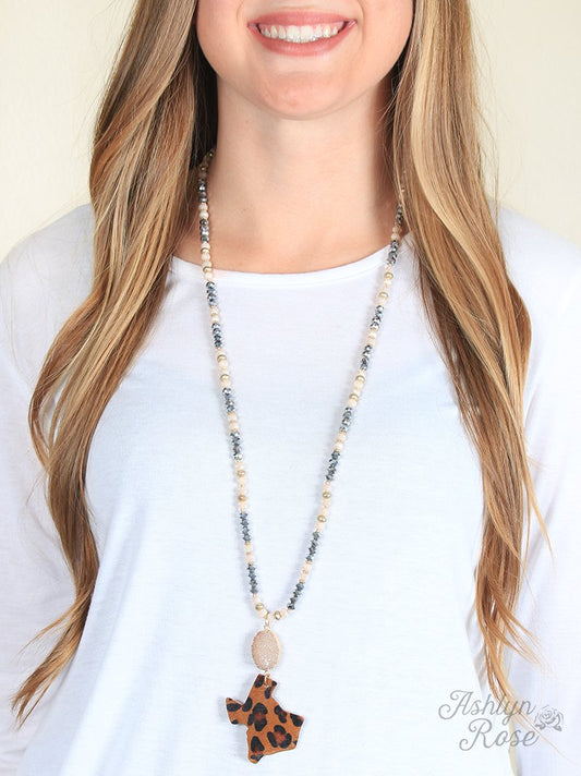 Long Beaded Necklace with Druzy Stone and Hide Leopard Texas Pendant