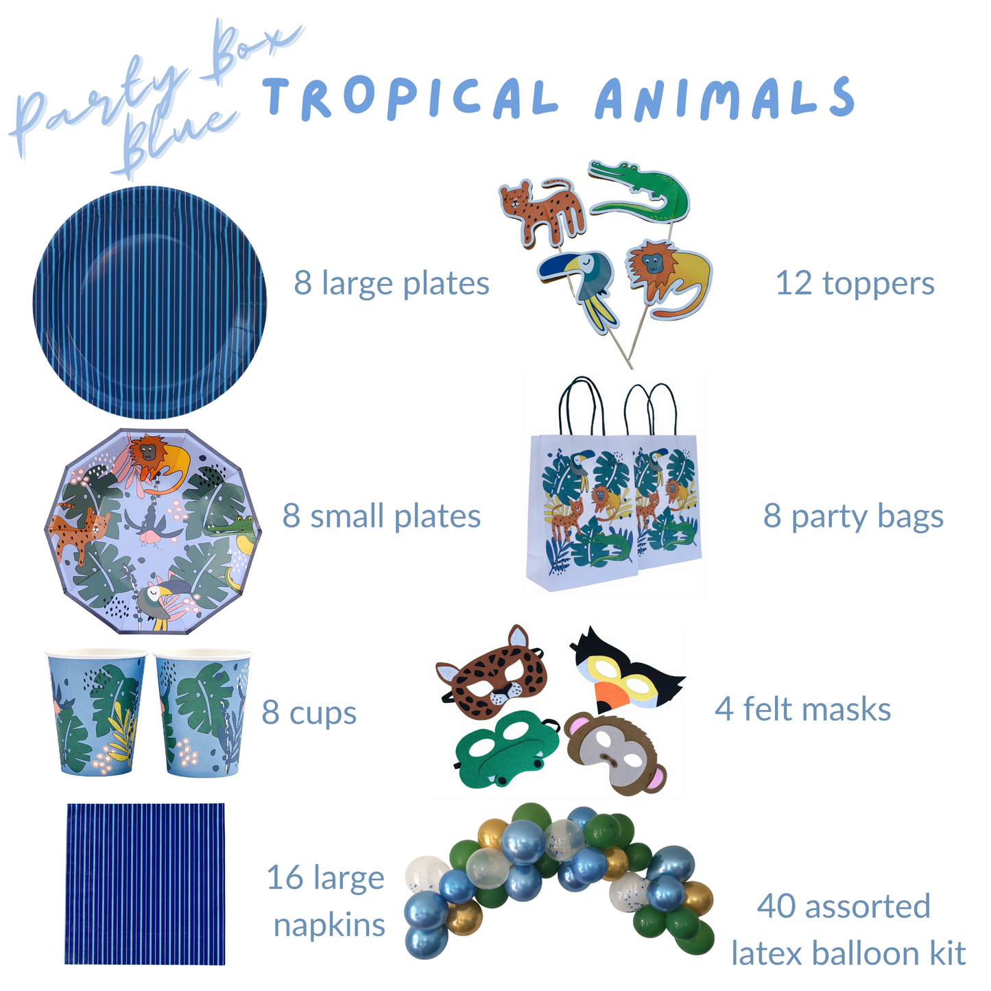 Tropical Animals Birthday Party Supplies Kit – Jungle Safari | Plates, Cups, Napkins | Party in a Box