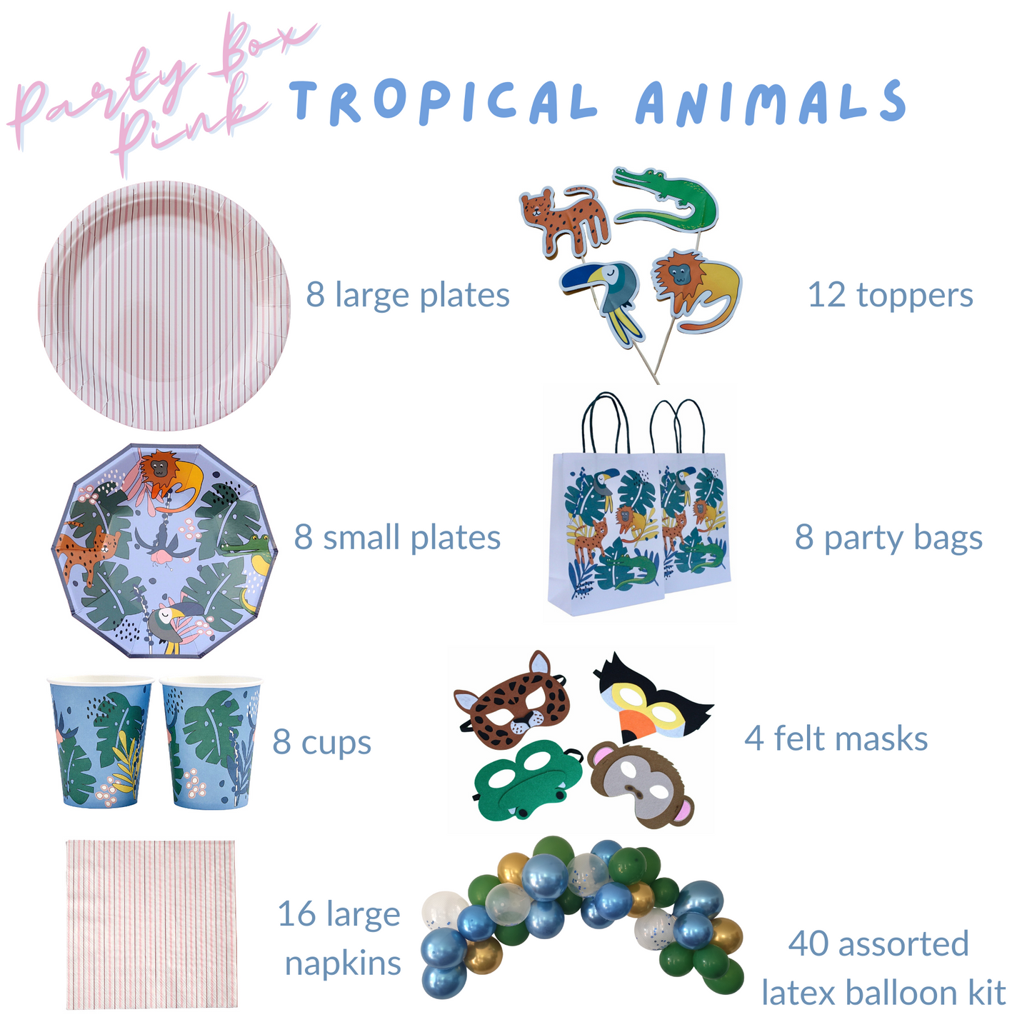 Tropical Animals Birthday Party Supplies Kit – Jungle Safari | Plates, Cups, Napkins | Party in a Box
