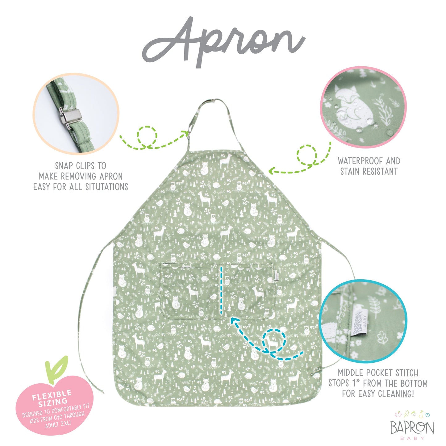 Forest Friends Apron - fits sizes youth small through adult 2XL