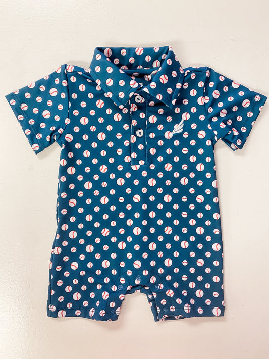 Baby Boy Navy Baseball Polo Romper