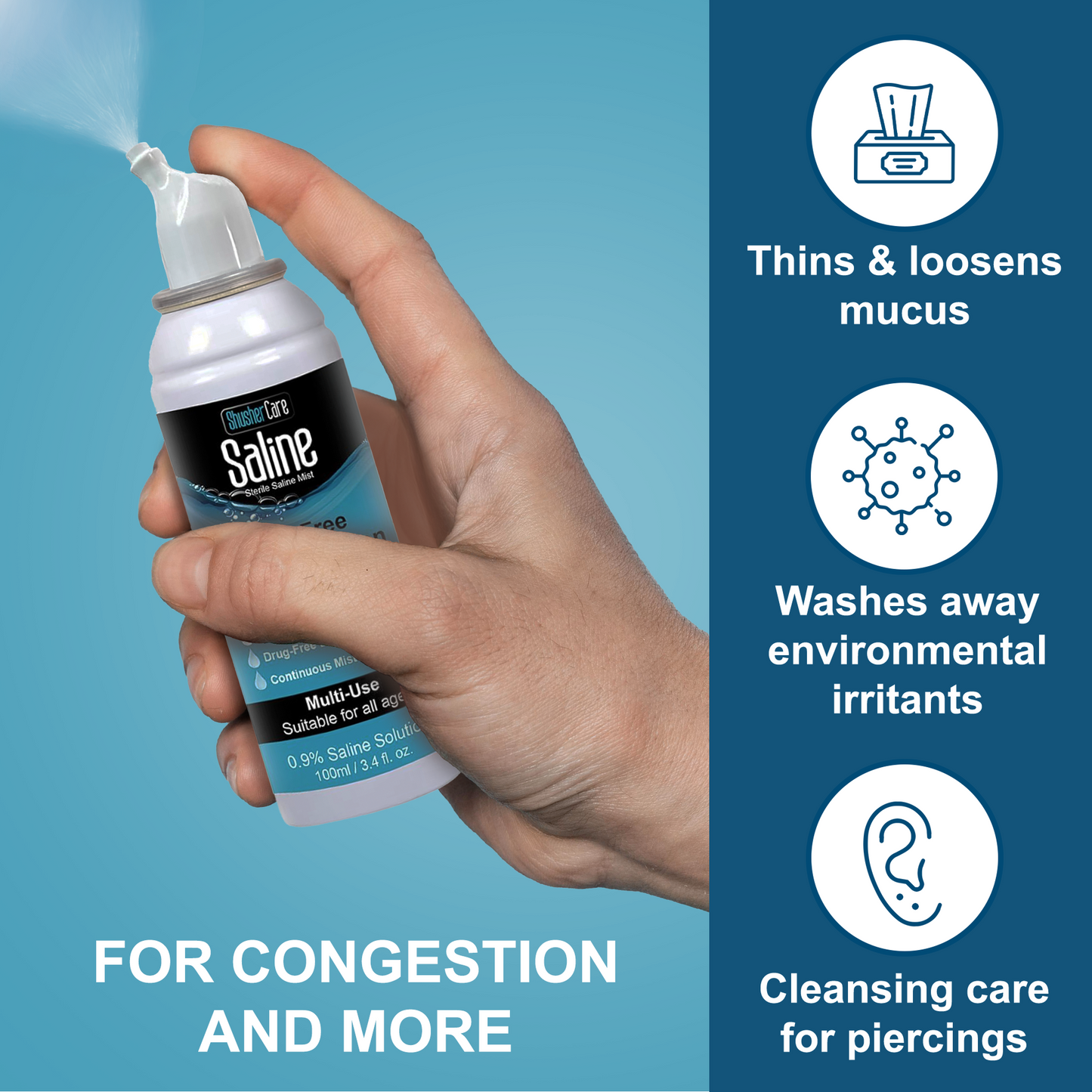 Shusher Care Saline Mist Spray – Drug-Free, Multi-Use Sterile Saline for Nasal, Wound & Piercing Care
