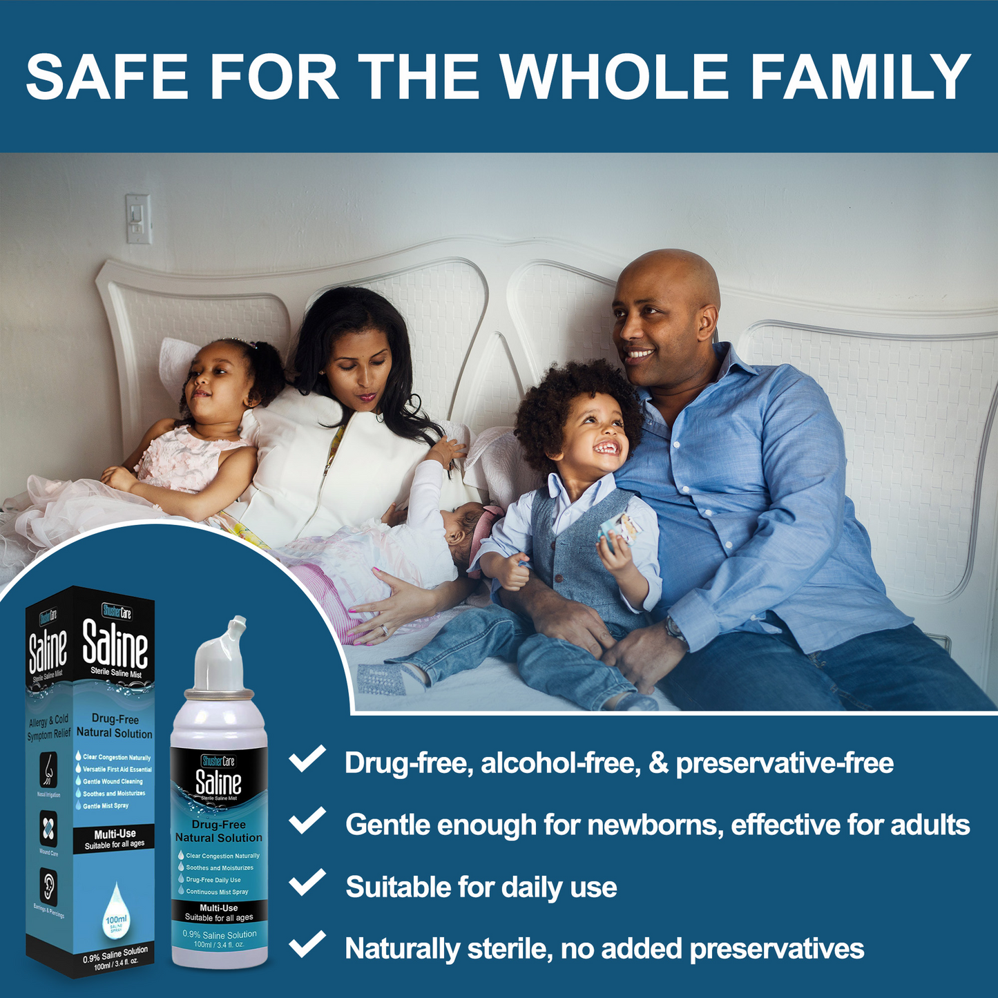 Shusher Care Saline Mist Spray – Drug-Free, Multi-Use Sterile Saline for Nasal, Wound & Piercing Care