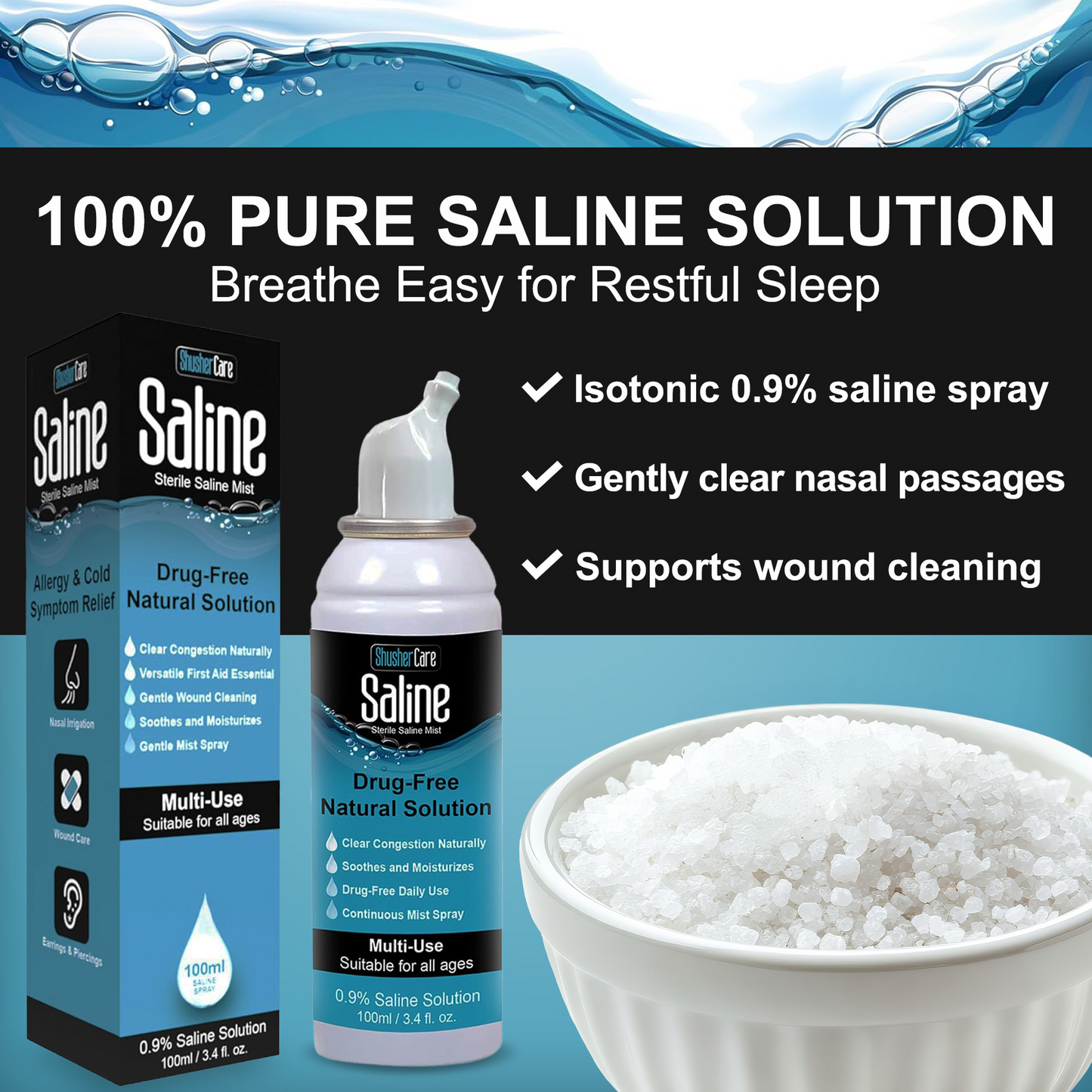 Shusher Care Saline Mist Spray – Drug-Free, Multi-Use Sterile Saline for Nasal, Wound & Piercing Care