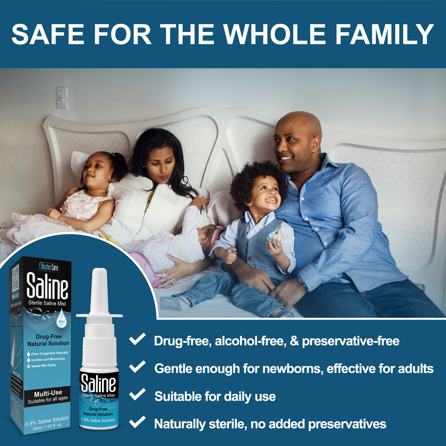 Shusher Care Saline Nasal Spray – Drug-Free, Preservative-Free Congestion Relief for Babies & Family