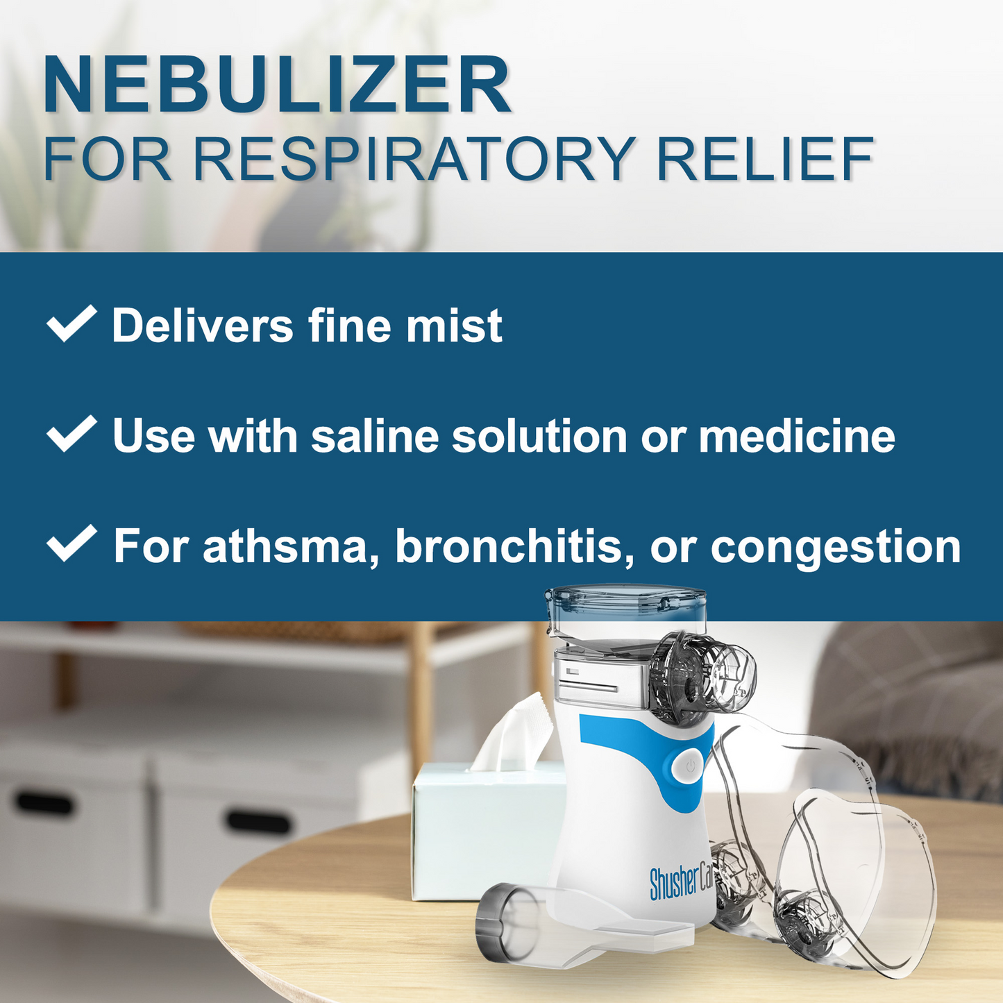 Shusher Care Portable Nebulizer – Whisper-Quiet Mesh Nebulizer for Adults & Kids, USB-C Rechargeable
