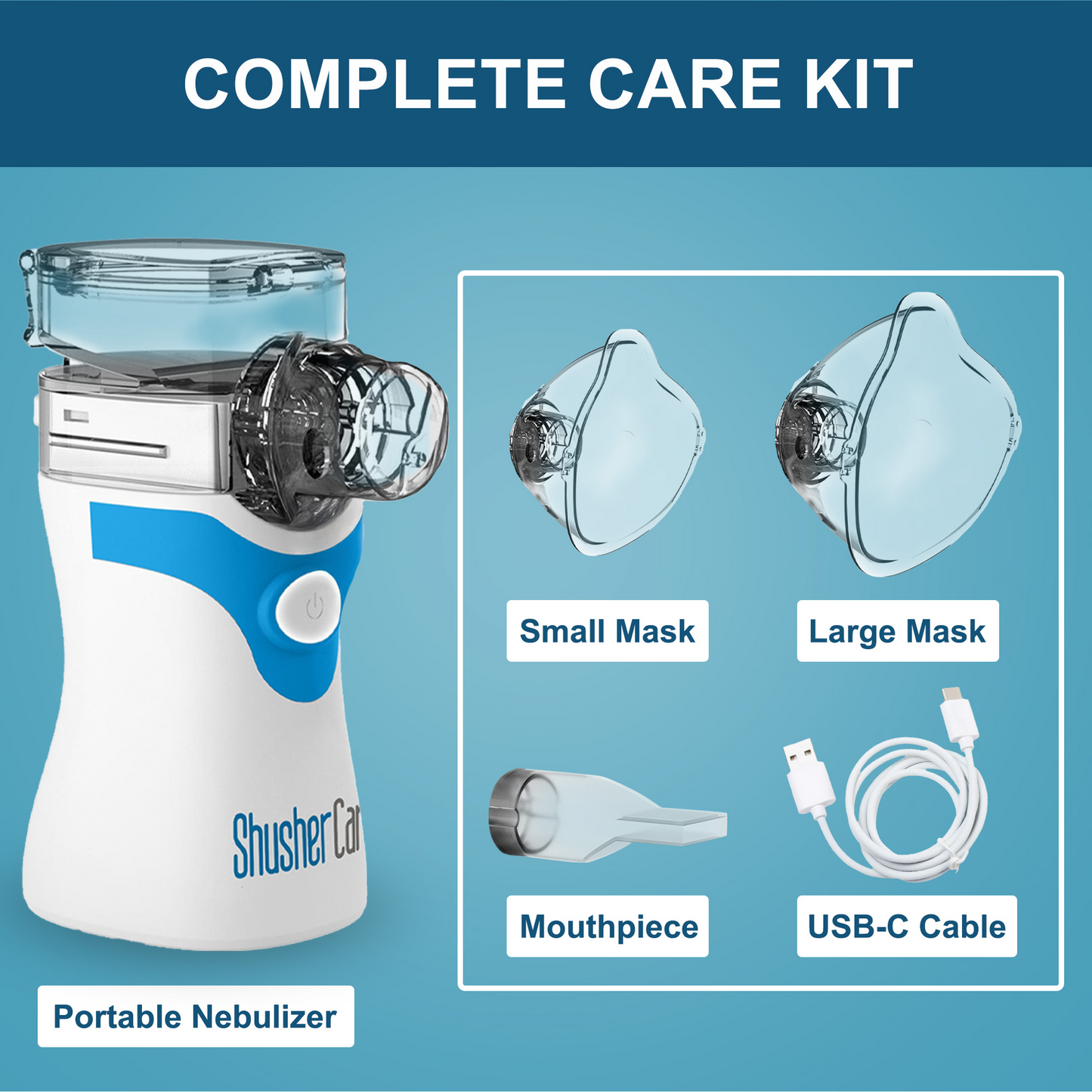 Shusher Care Portable Nebulizer – Whisper-Quiet Mesh Nebulizer for Adults & Kids, USB-C Rechargeable