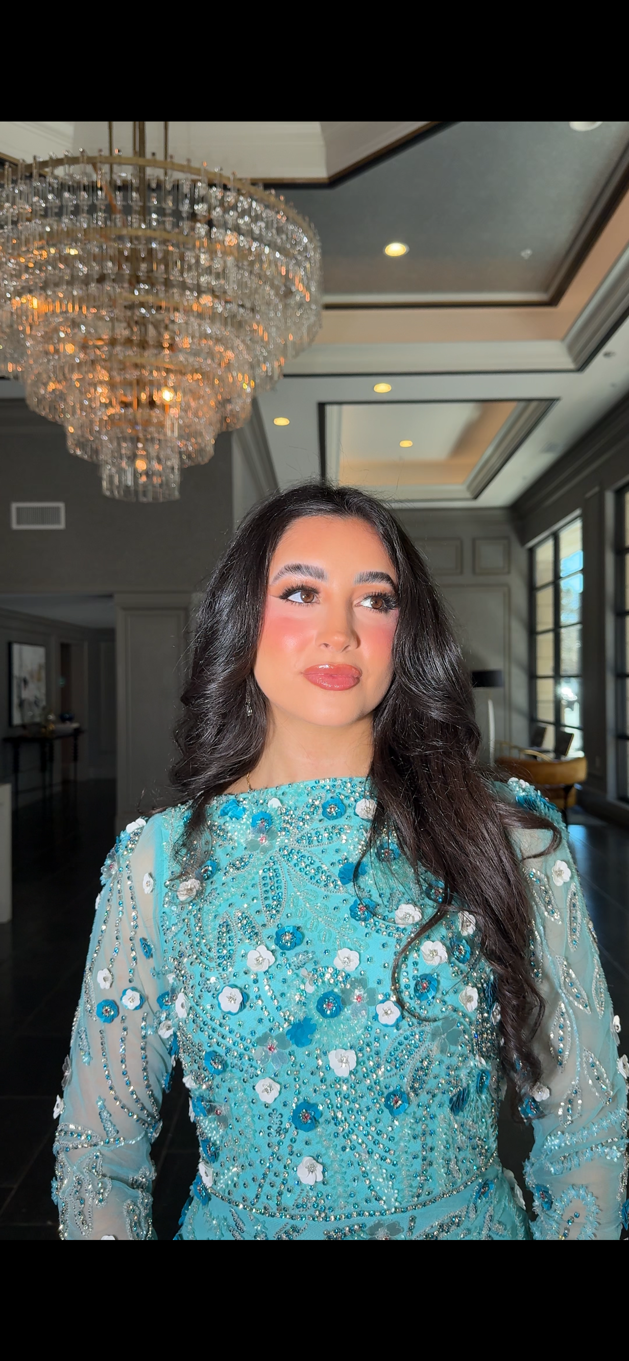 Raihana Long Sleeve High Neck Floral Sequin Embellished Modest Evening Dress