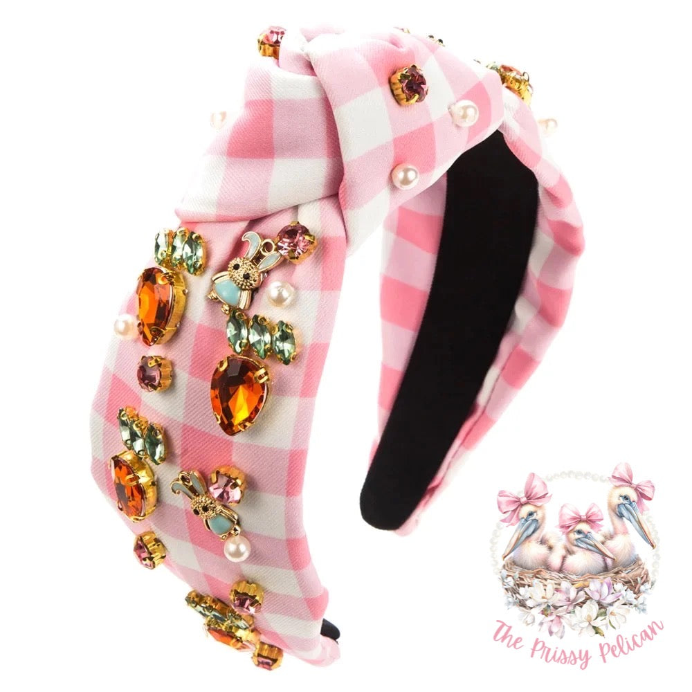 Plaid Carrot and Bunny Rhinestone Headband