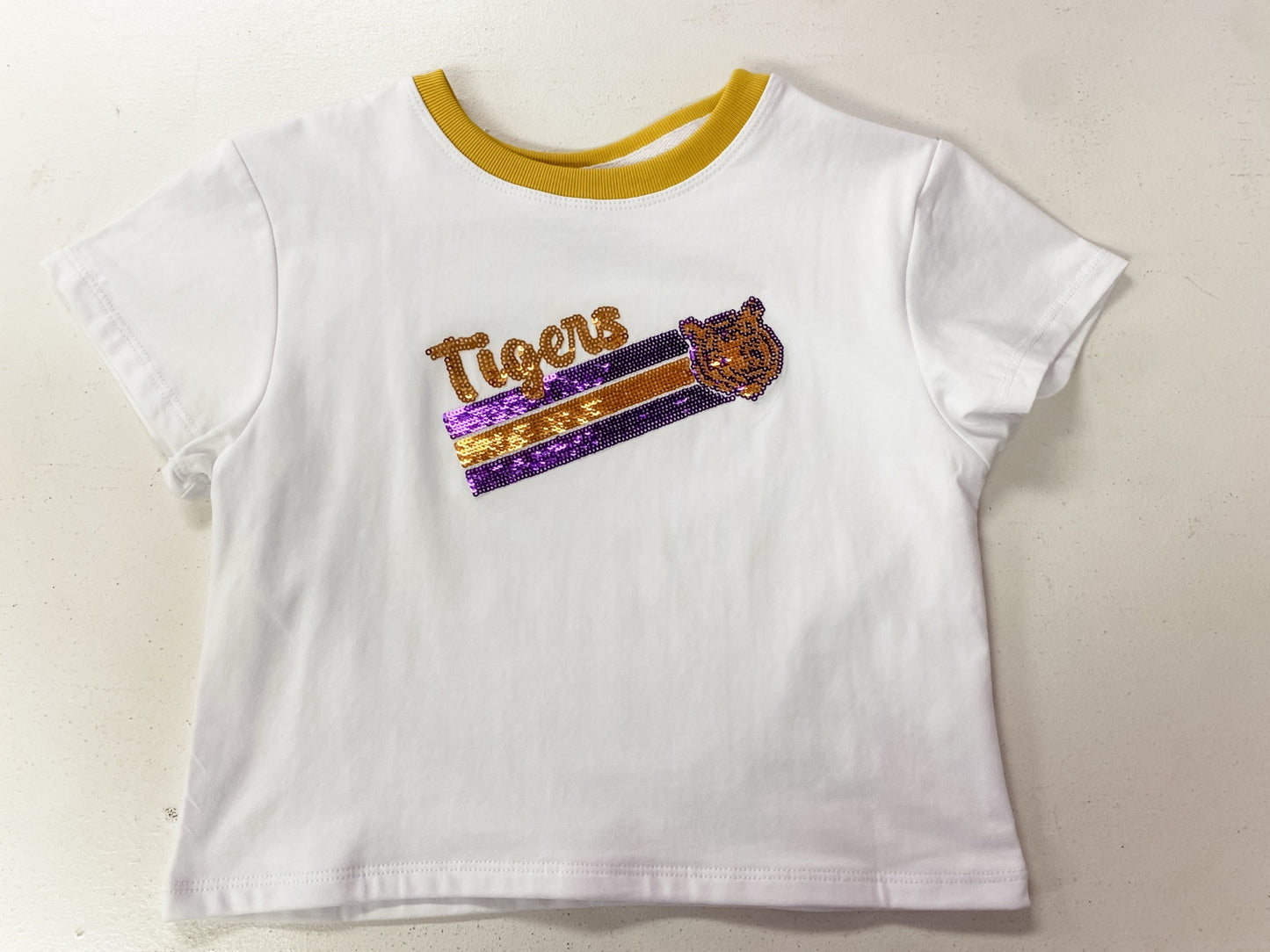 Azarhia Sequin Tiger Face Stripes Boxy Tee | Purple & Gold Girls Game Day Shirt