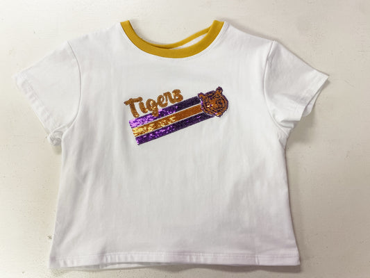 Azarhia Sequin Tiger Face Stripes Boxy Tee | Purple & Gold Girls Game Day Shirt