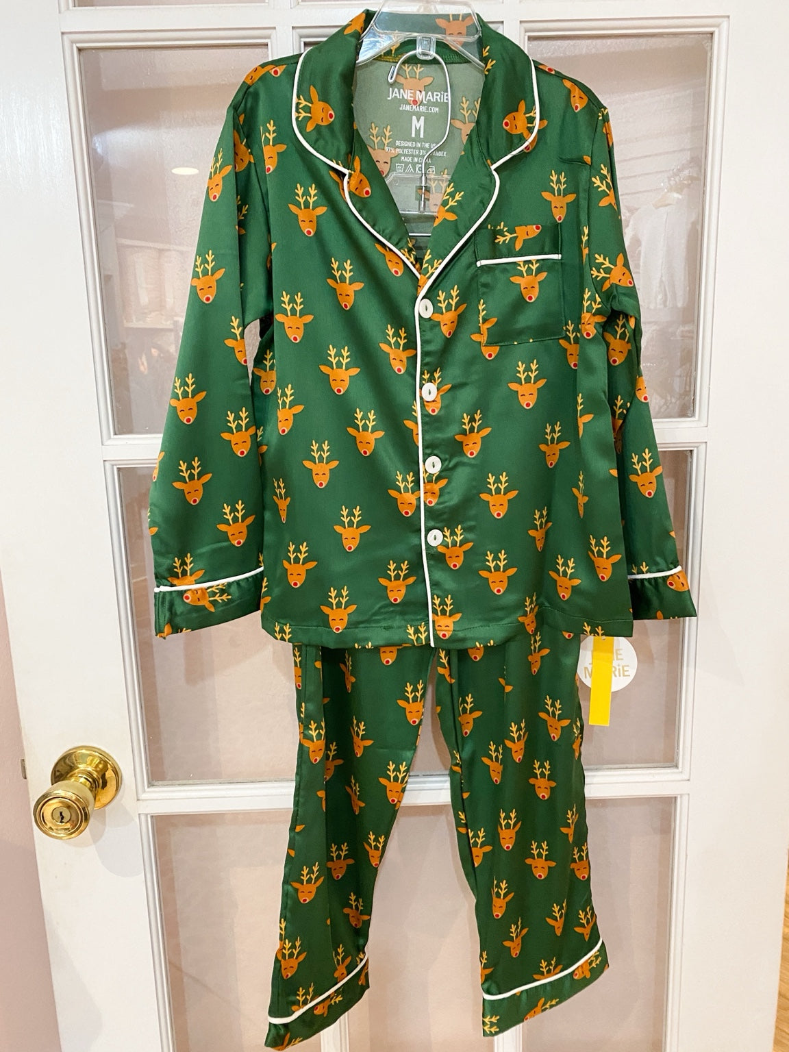 Green Reindeer Satin Loungewear Set – Two-Piece Holiday Pajamas