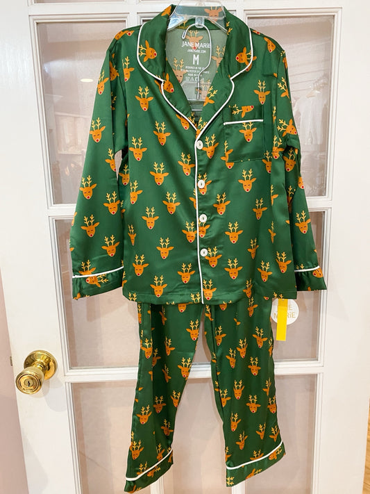 Green Reindeer Satin Loungewear Set – Two-Piece Holiday Pajamas